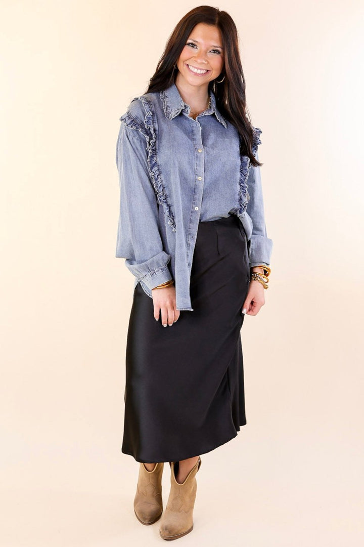 Attention To Detail Button Up Collared Denim Top with Ruffle Detail