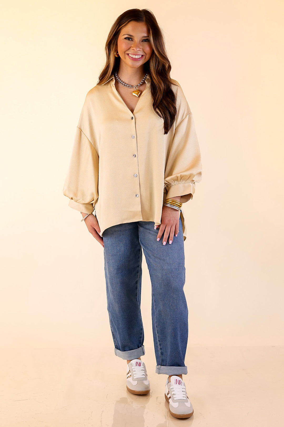 Sweet Notion Button Up 3/4 Balloon Sleeve Top in Gold