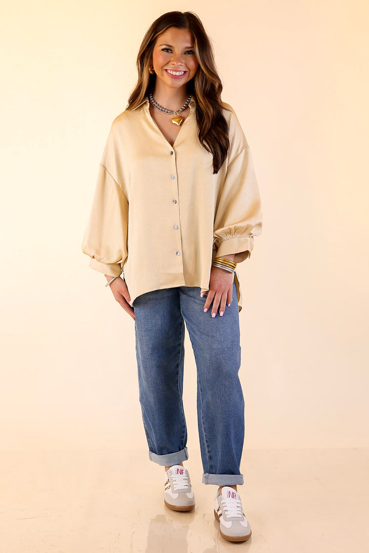 Sweet Notion Button Up 3/4 Balloon Sleeve Top in Gold