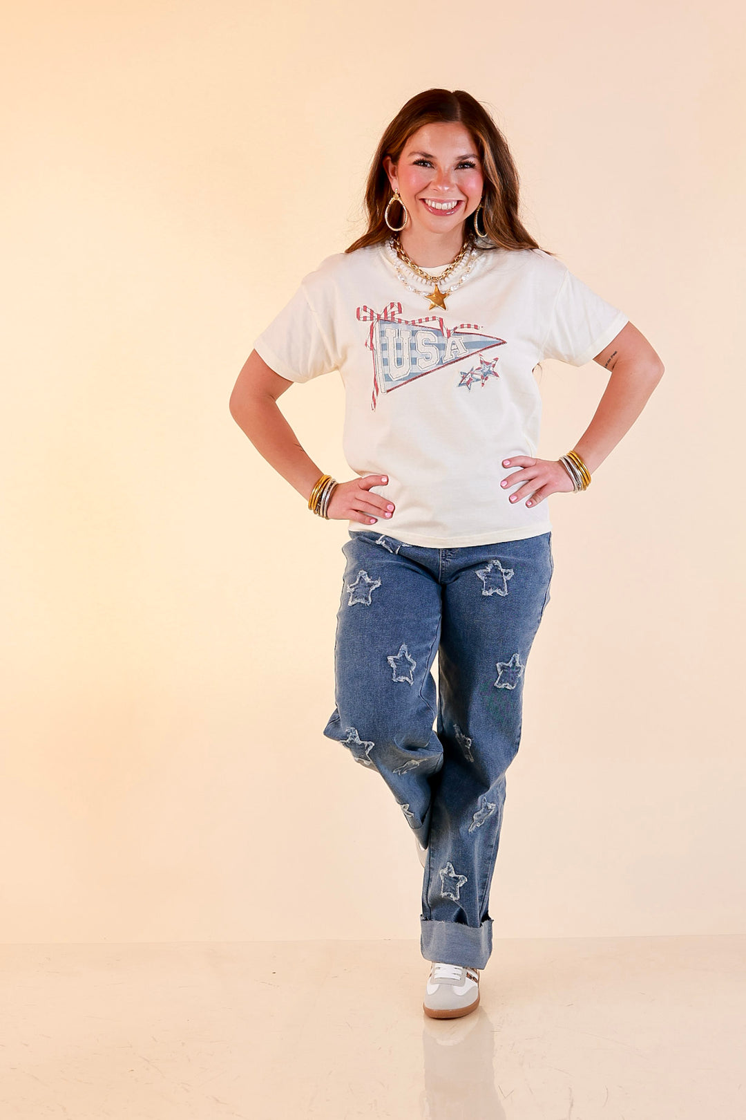 Simply Southern | American It Girl Short Sleeve Graphic Tee with USA Pennant Applique in Beige