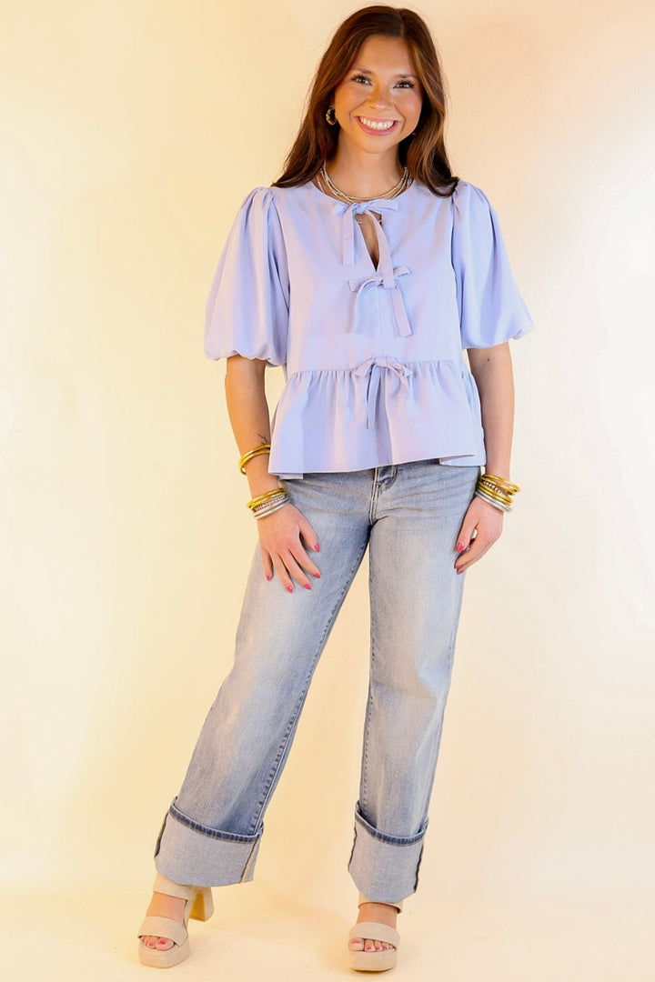 Simply Stunning Short Puff Sleeve Peplum Top with Bow Tie Detailing in Baby Blue