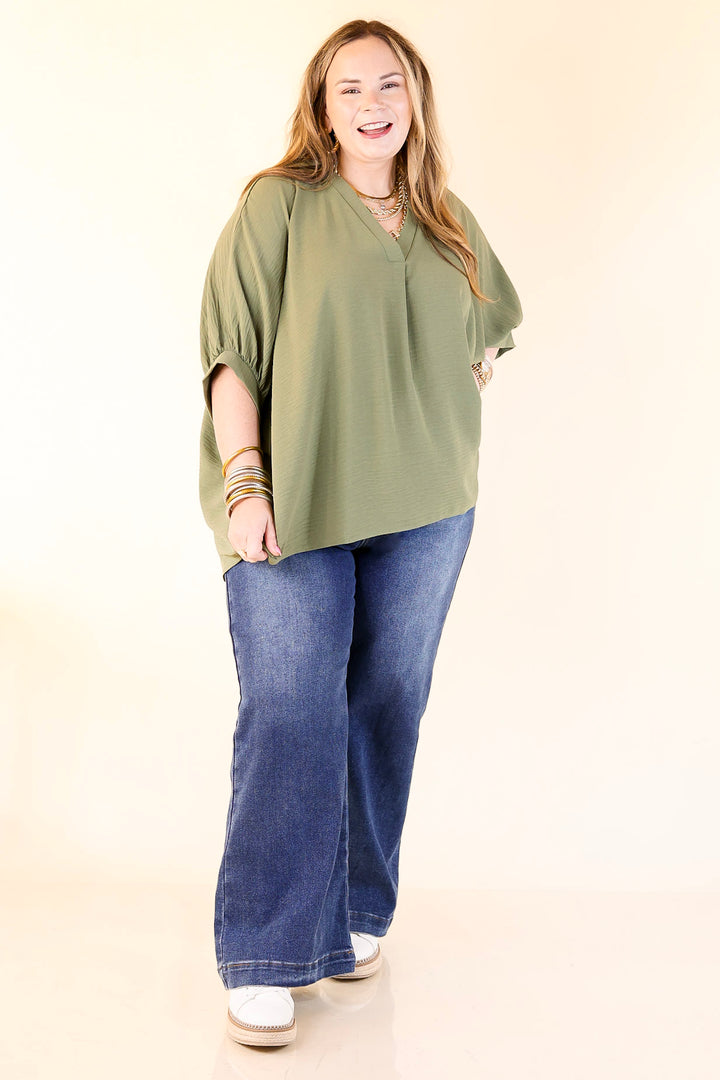 Elevated Basics V Neck Top with Half Sleeves in Olive Green