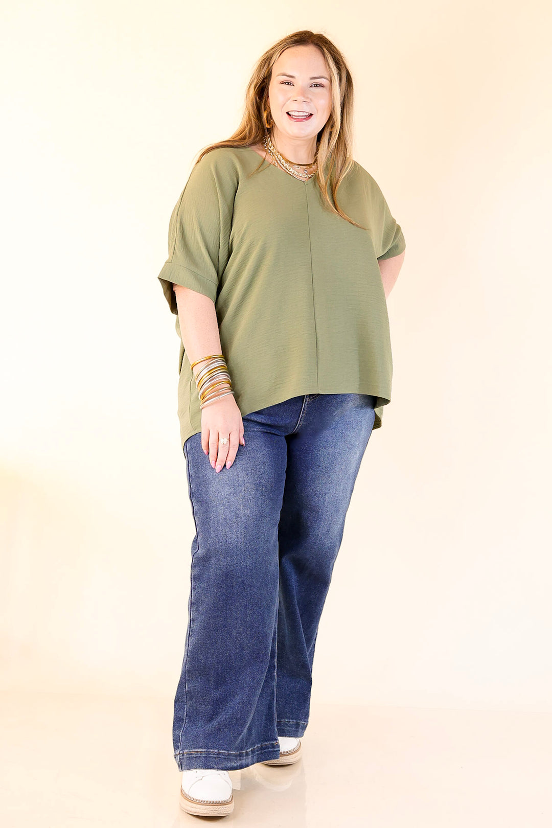 Classically Chic Short Sleeve V Neck Top in Olive Green