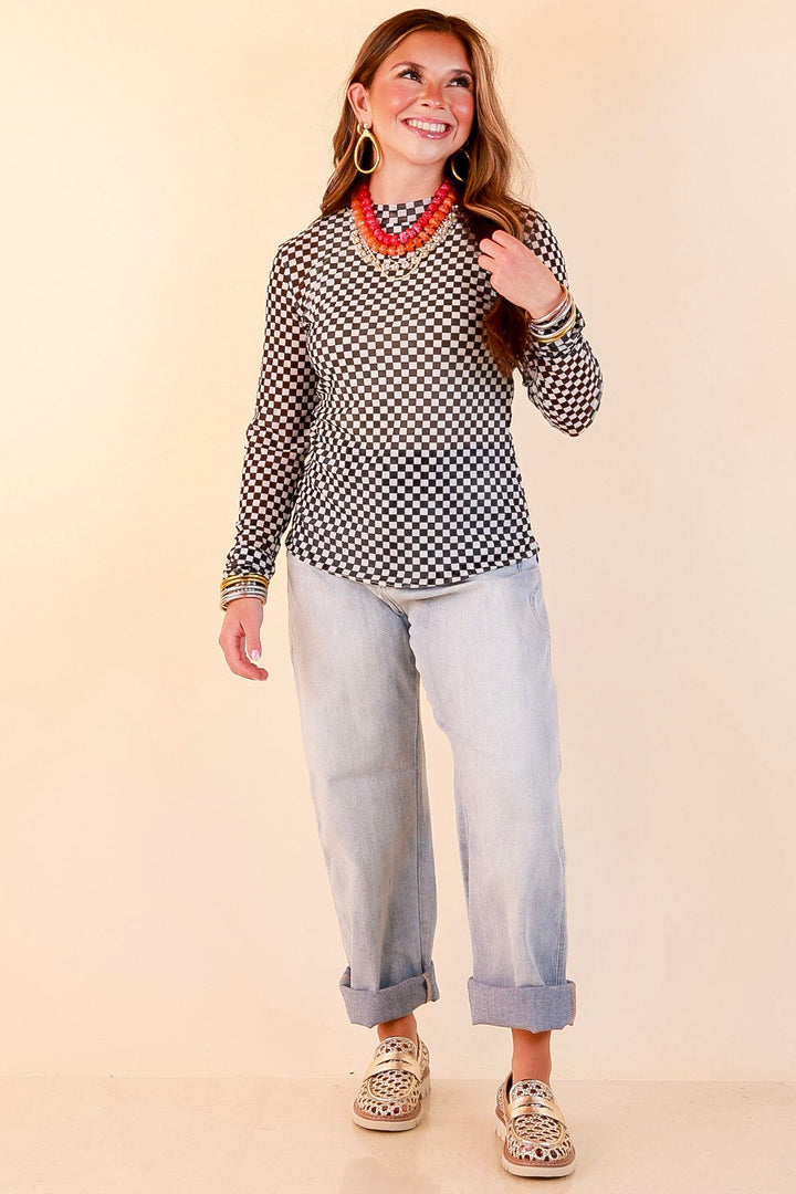 The Perfect Layer Checkered Print Sheer Mesh Long Sleeve Top in Black and White