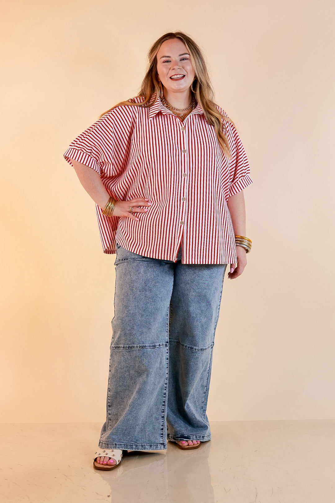 Effortlessly Aligned Button Down Collared Top with Vertical Ivory Stripe Detail in Red