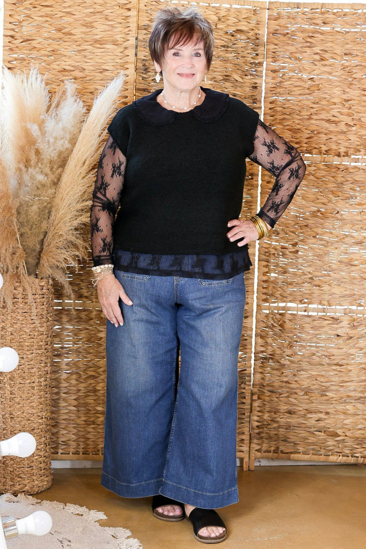 Pretty and Poised Floral Print Lace Top with Ruffle Collar in Black