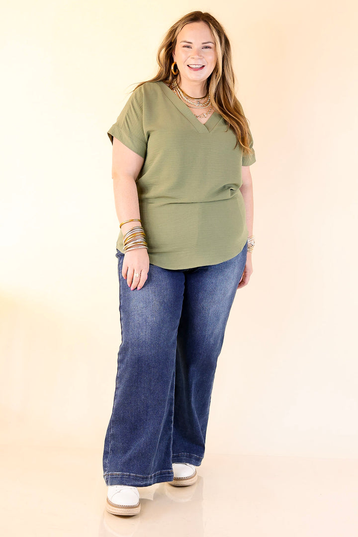 Cause To Celebrate V Neck Short Sleeve Top in Olive Green