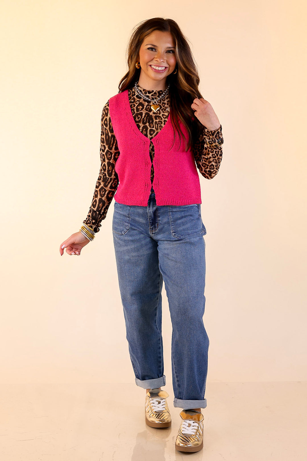 Everyday Staple Textured Knit Sweater Vest in Hot Pink