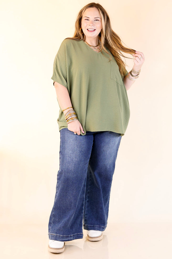 Try To Resist Short Sleeve V Neck Top with Front Pocket in Olive Green