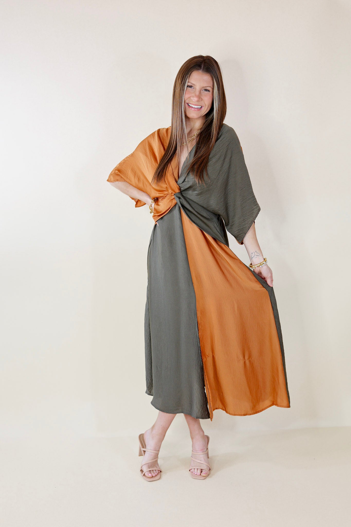 Take My Breath Away Front Knot Color Block Midi Dress in Bronze Mix - Giddy Up Glamour Boutique