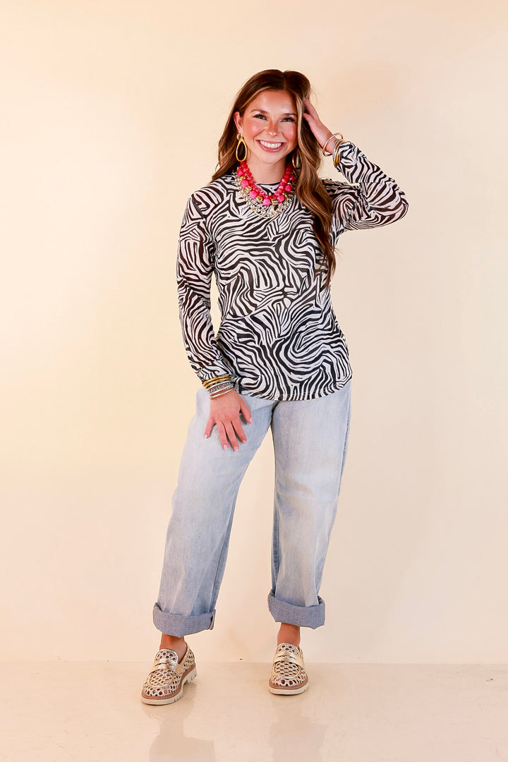 The Perfect Layer Zebra Print Sheer Mesh Long Sleeve Top in Black and White