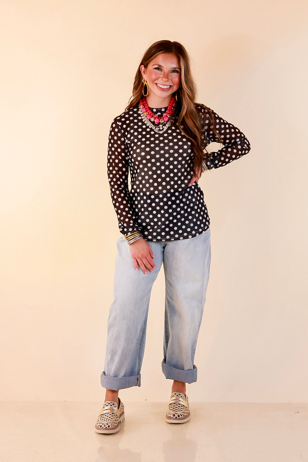 The Perfect Layer White Polka Dot Print Sheer Mesh Long Sleeve Top in Black