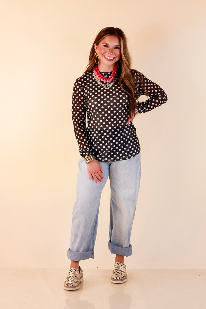 The Perfect Layer White Polka Dot Print Sheer Mesh Long Sleeve Top in Black