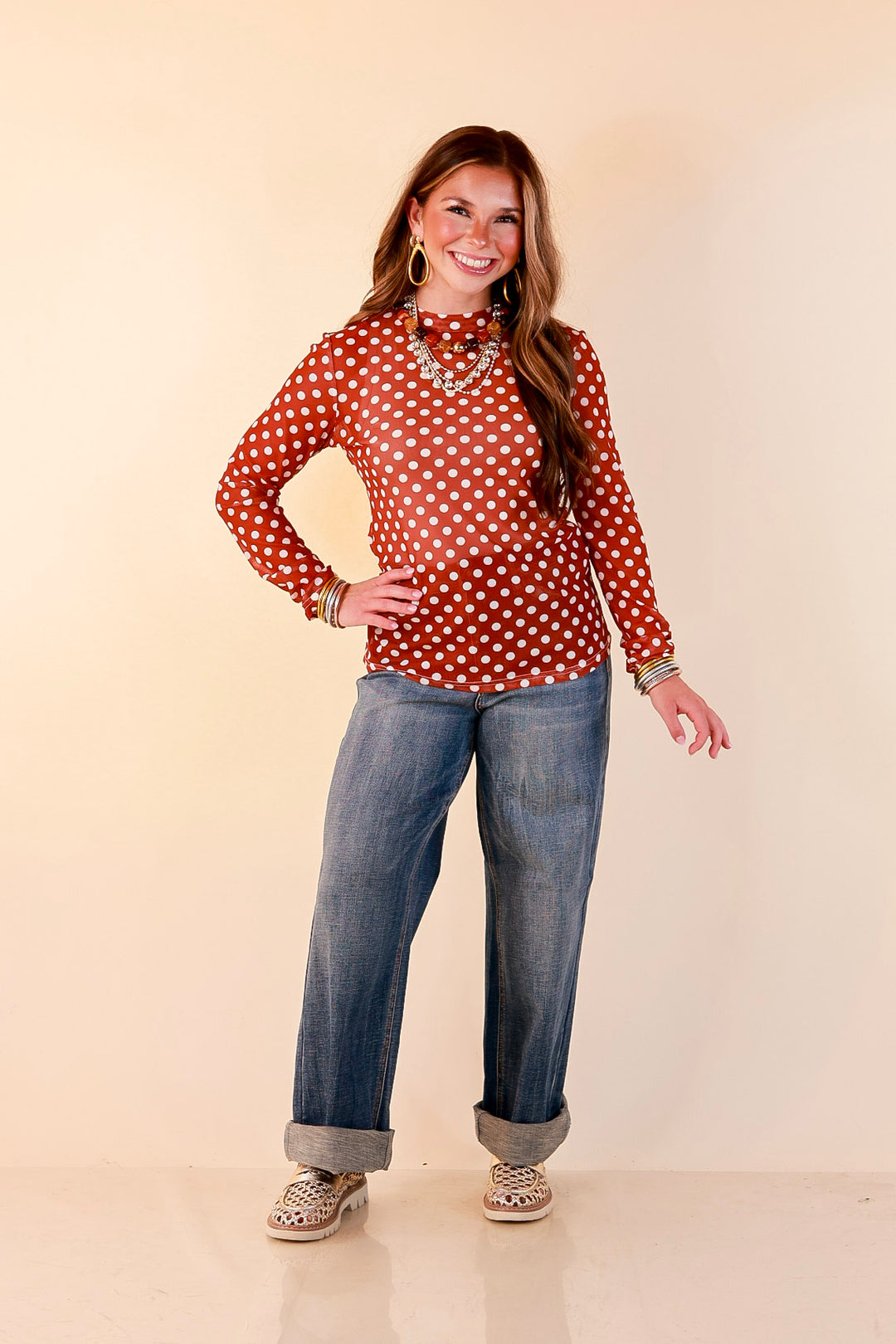 The Perfect Layer White Polka Dot Print Sheer Mesh Long Sleeve Top in Rust Orange