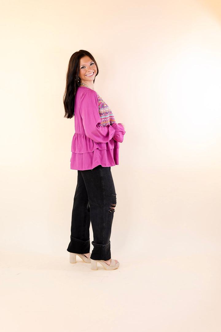 Rhythm Of The Season Embroidered Long Sleeve Top in Magenta