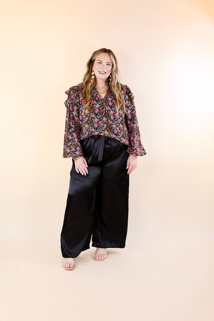 Never A Worry Floral Long Sleeve Pleated Detail Blouse in Black