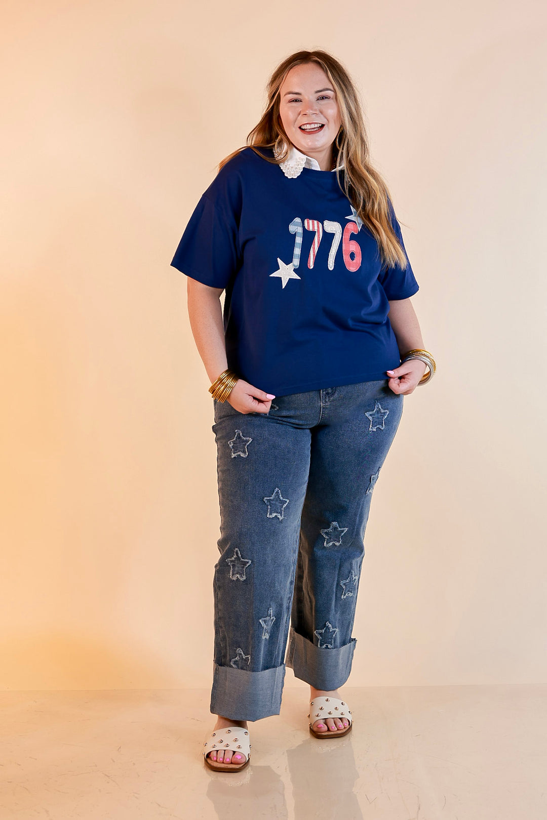 Simply Southern | American It Girl Short Sleeve Graphic Tee with 1776 Applique in Navy Blue