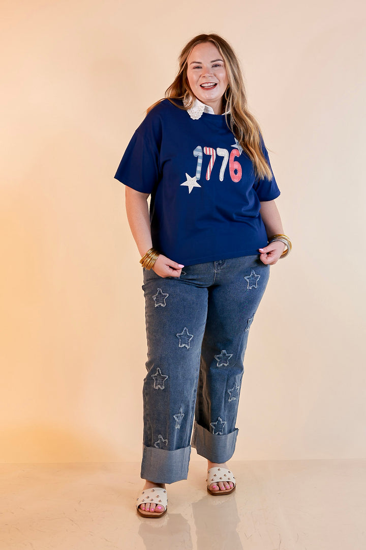 Simply Southern | American It Girl Short Sleeve Graphic Tee with 1776 Applique in Navy Blue