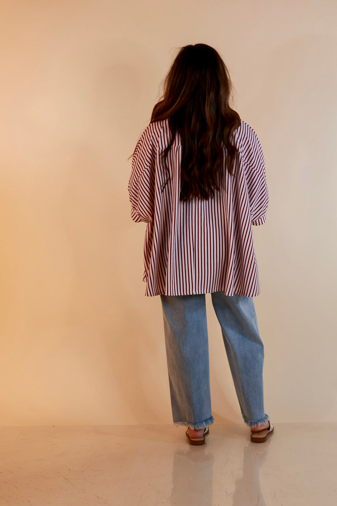 Effortlessly Aligned Button Down Collared Top with Vertical Ivory Stripe Detail in Maroon