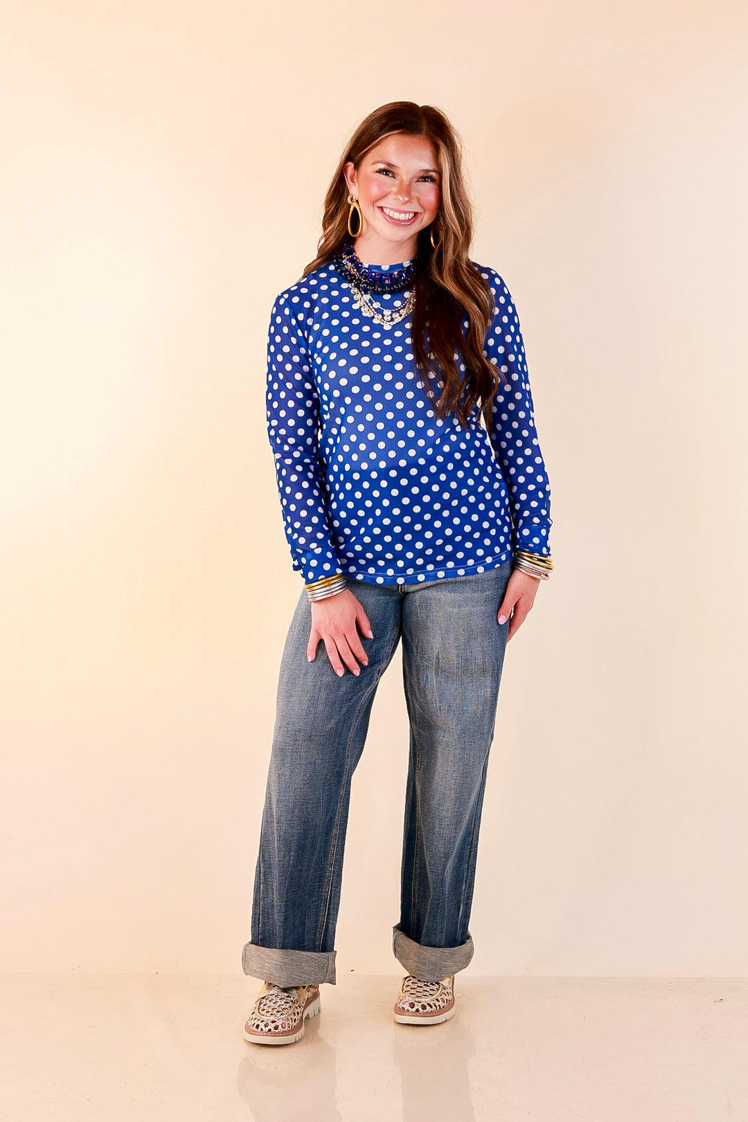 The Perfect Layer White Polka Dot Print Sheer Mesh Long Sleeve Top in Royal Blue