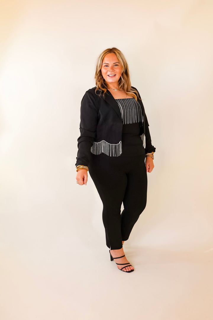 Time For Magic Cropped Blazer with Crystal Fringe Trim in Black - Giddy Up Glamour Boutique