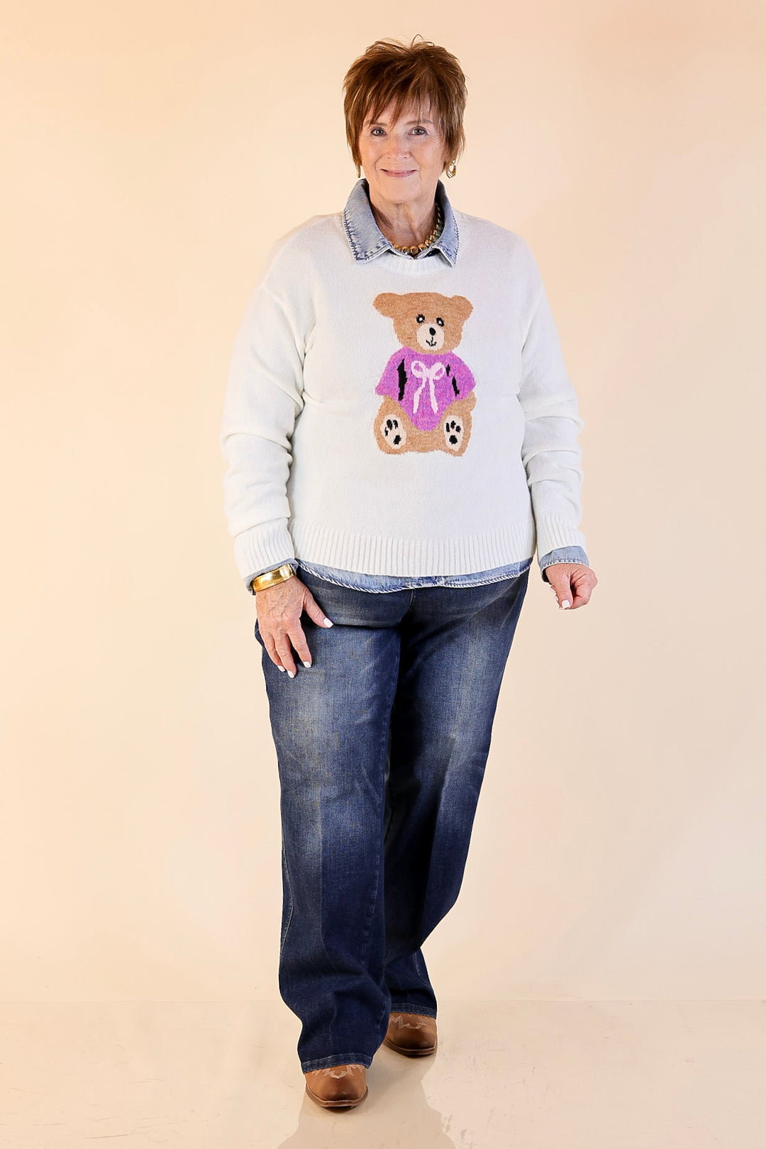 Simply Southern | Finest Touch Crewneck Sweater with Bow Teddy Bear Graphic in Cream