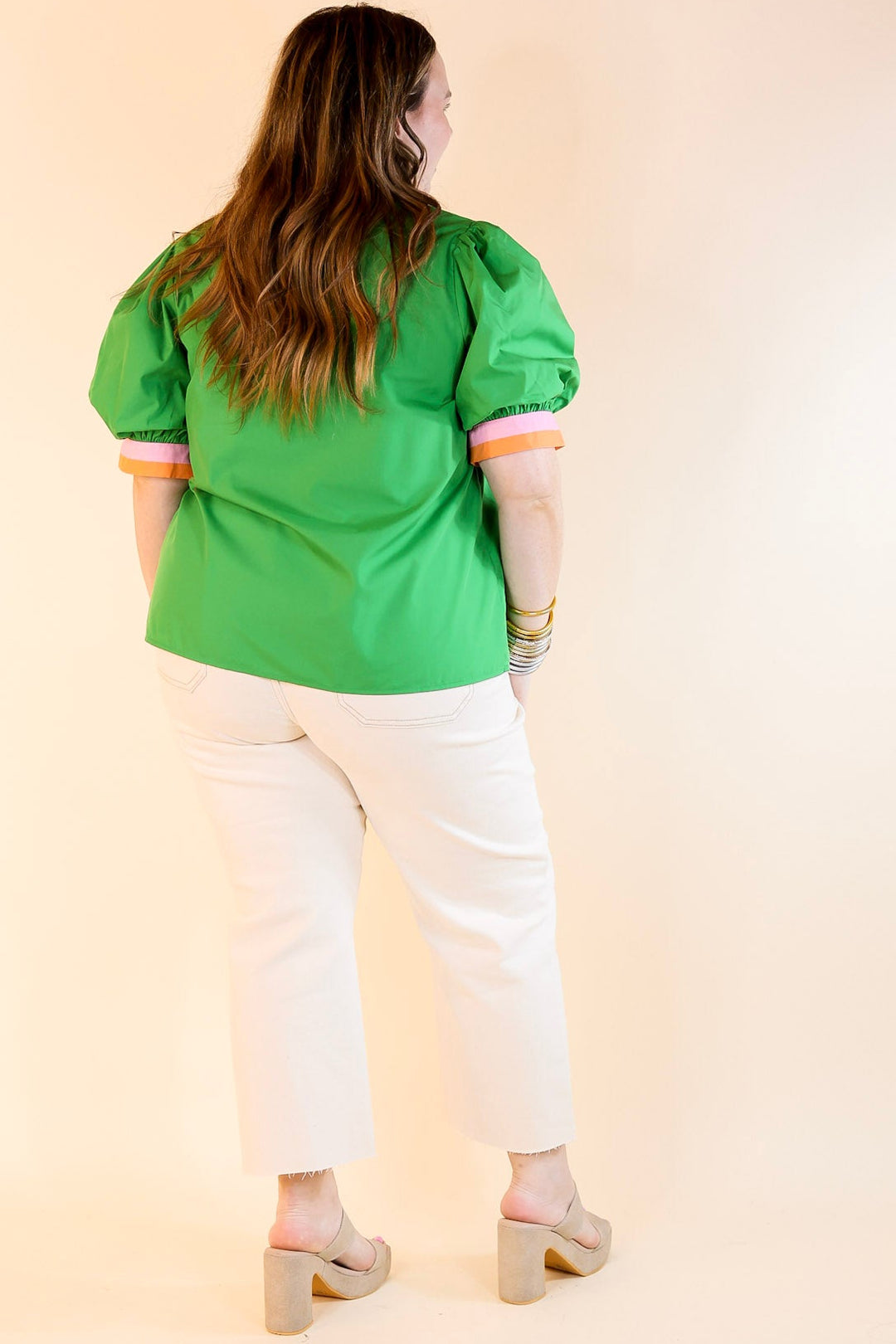 Standout Style V Neck Top with Short Balloon Sleeves in Green