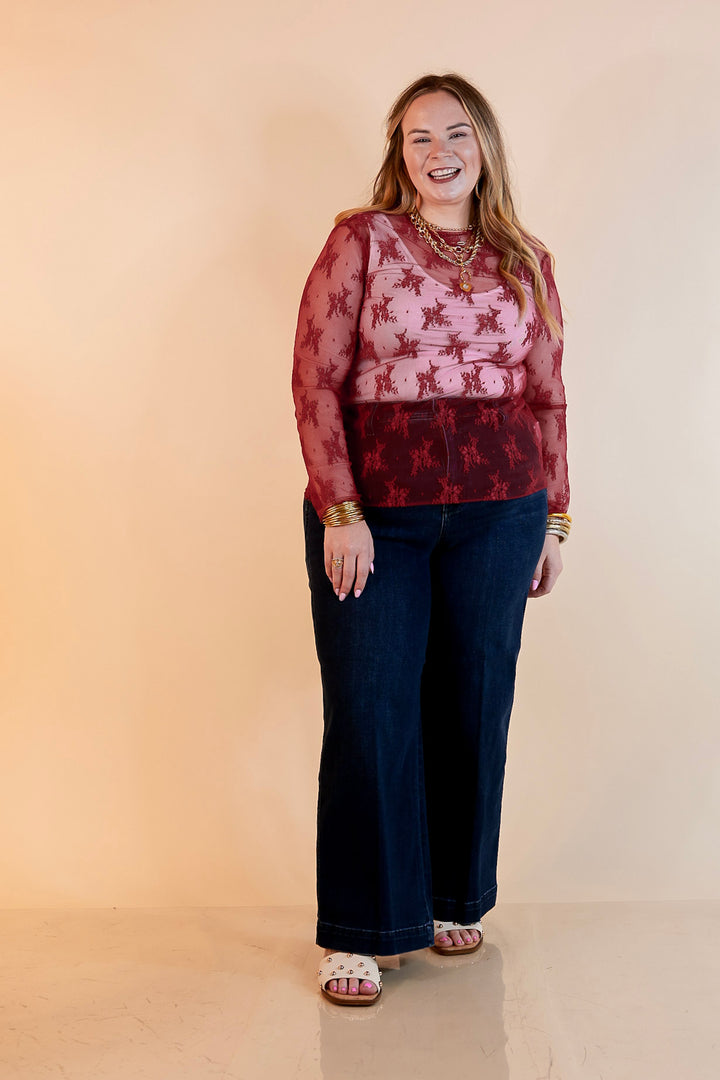 Delicate Charm Long Sleeve Sheer Lace Top with Mock Neck in Maroon