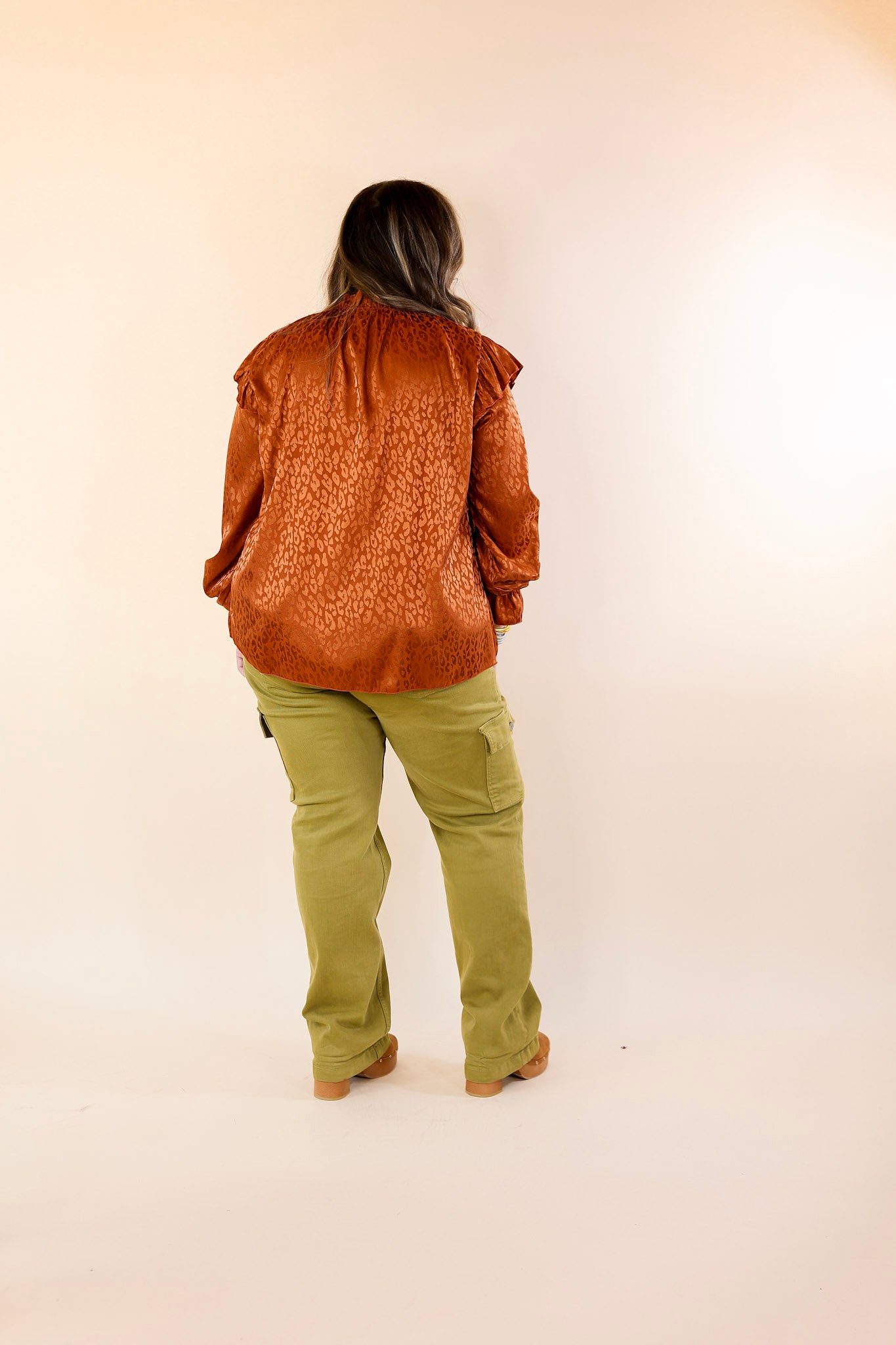 Can't Stop Me Ruffle Mock Neck Long Sleeve Leopard Print Satin Top in Rust Orange