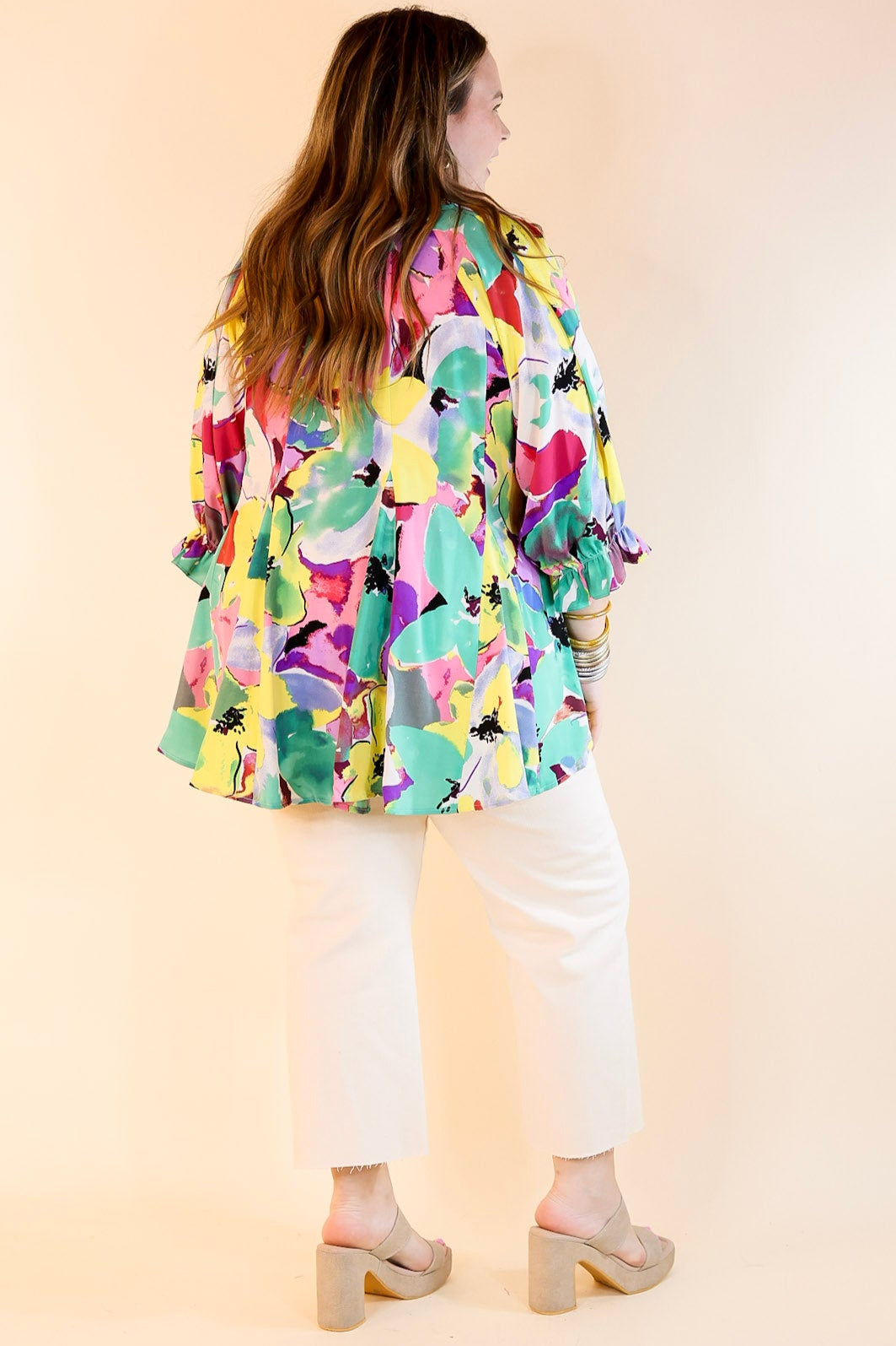 Blooming Love Floral V Neck Top with Half Sleeves in Green Mix