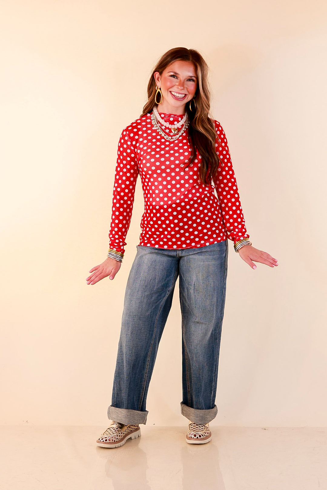 The Perfect Layer White Polka Dot Print Sheer Mesh Long Sleeve Top in Red