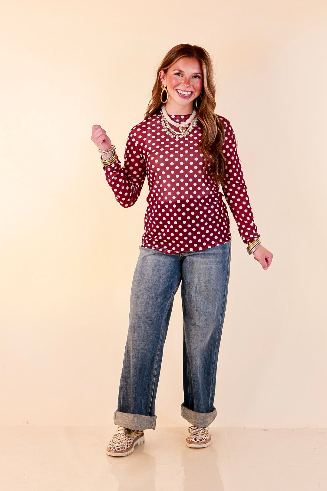 The Perfect Layer White Polka Dot Print Sheer Mesh Long Sleeve Top in Maroon