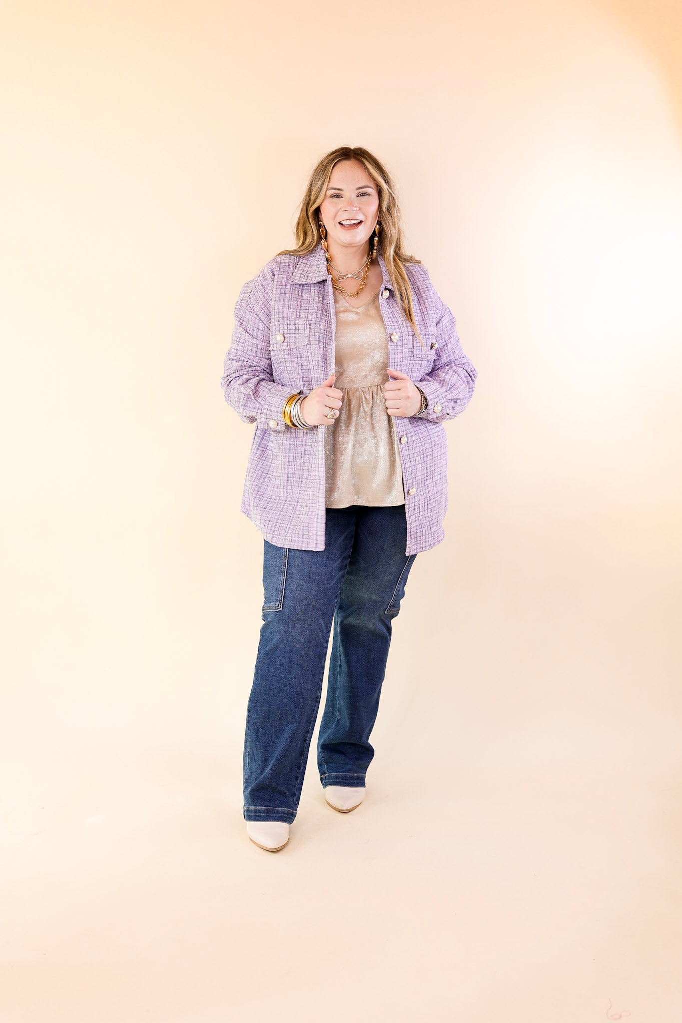 Brooklyn Buzz Pearl Button Up Tweed Shacket in Lavender Purple