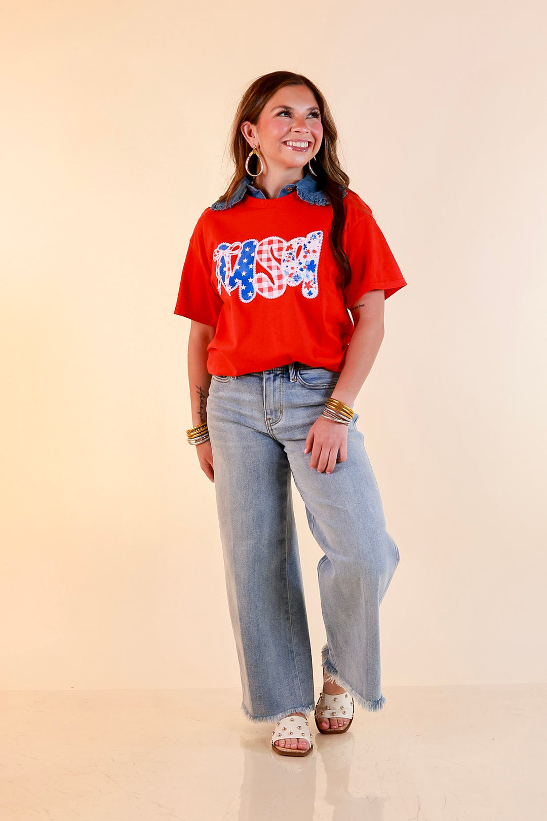 Sweet Land of Style USA Coquette Short Sleeve Graphic Tee with Bow Detailing in Red