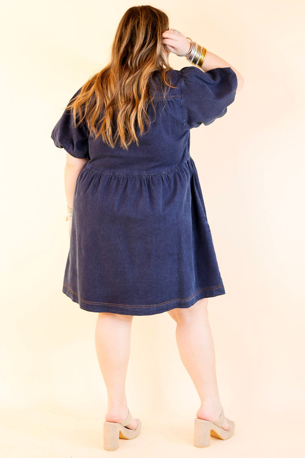 Timeless Trend Short Sleeve Denim Dress with Bows in Medium Wash