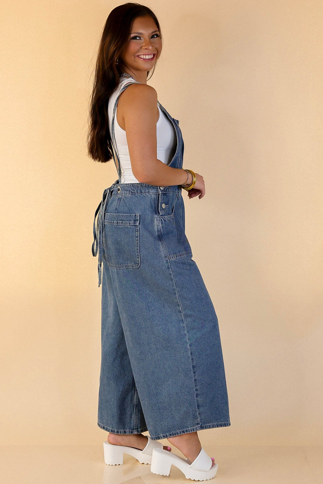 True Classic Wide Leg Denim Overalls in Medium Wash