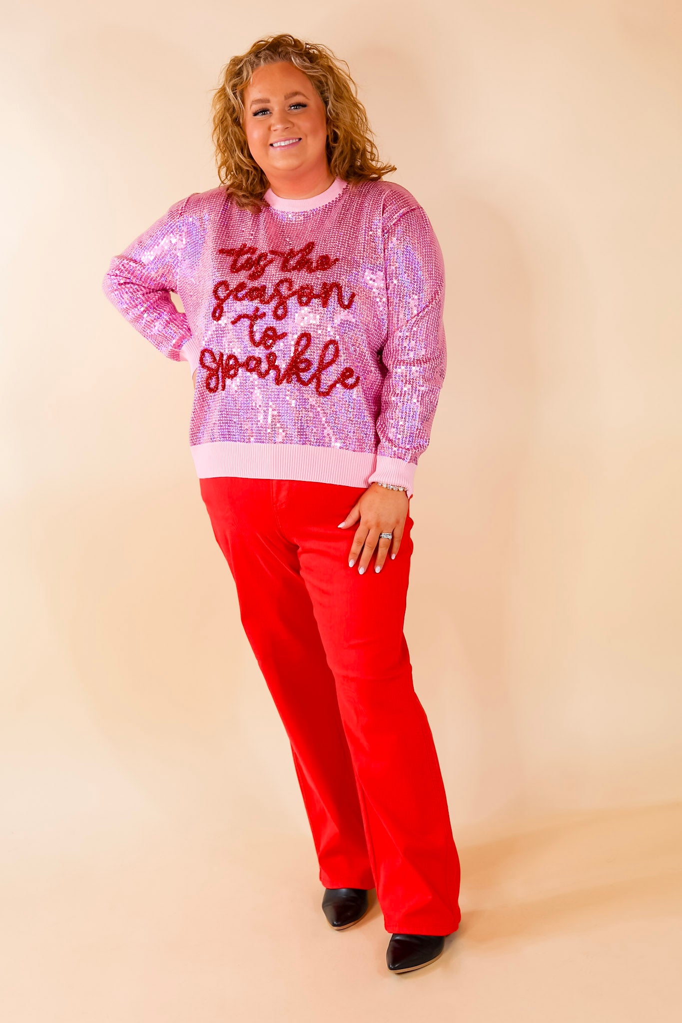Queen Of Sparkles | 'Tis The Season To Sparkle Sequin Graphic Sweater in Pink - Giddy Up Glamour Boutique