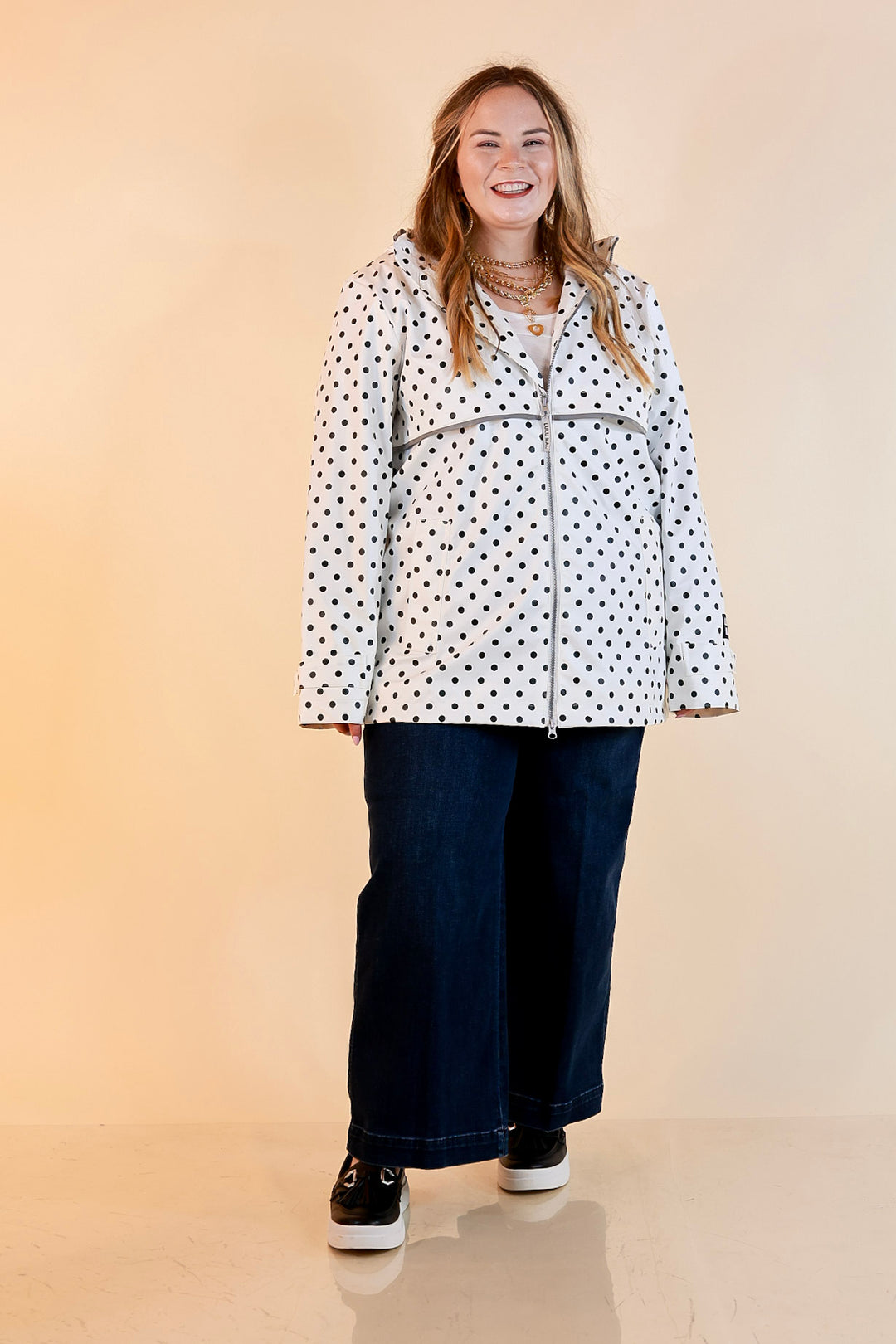 Lulu Mac | Chic Forecast Black Polka Dot Hooded Rain Jacket in Ivory