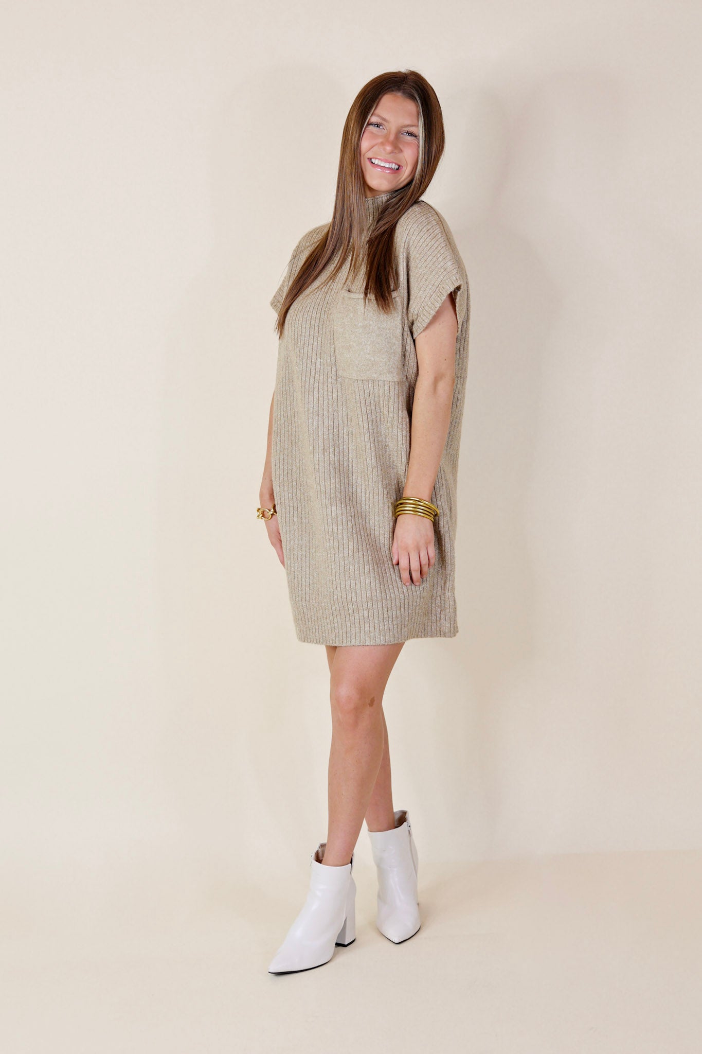 City Sights Cap Sleeve Sweater Dress in Oatmeal Beige - Giddy Up Glamour Boutique