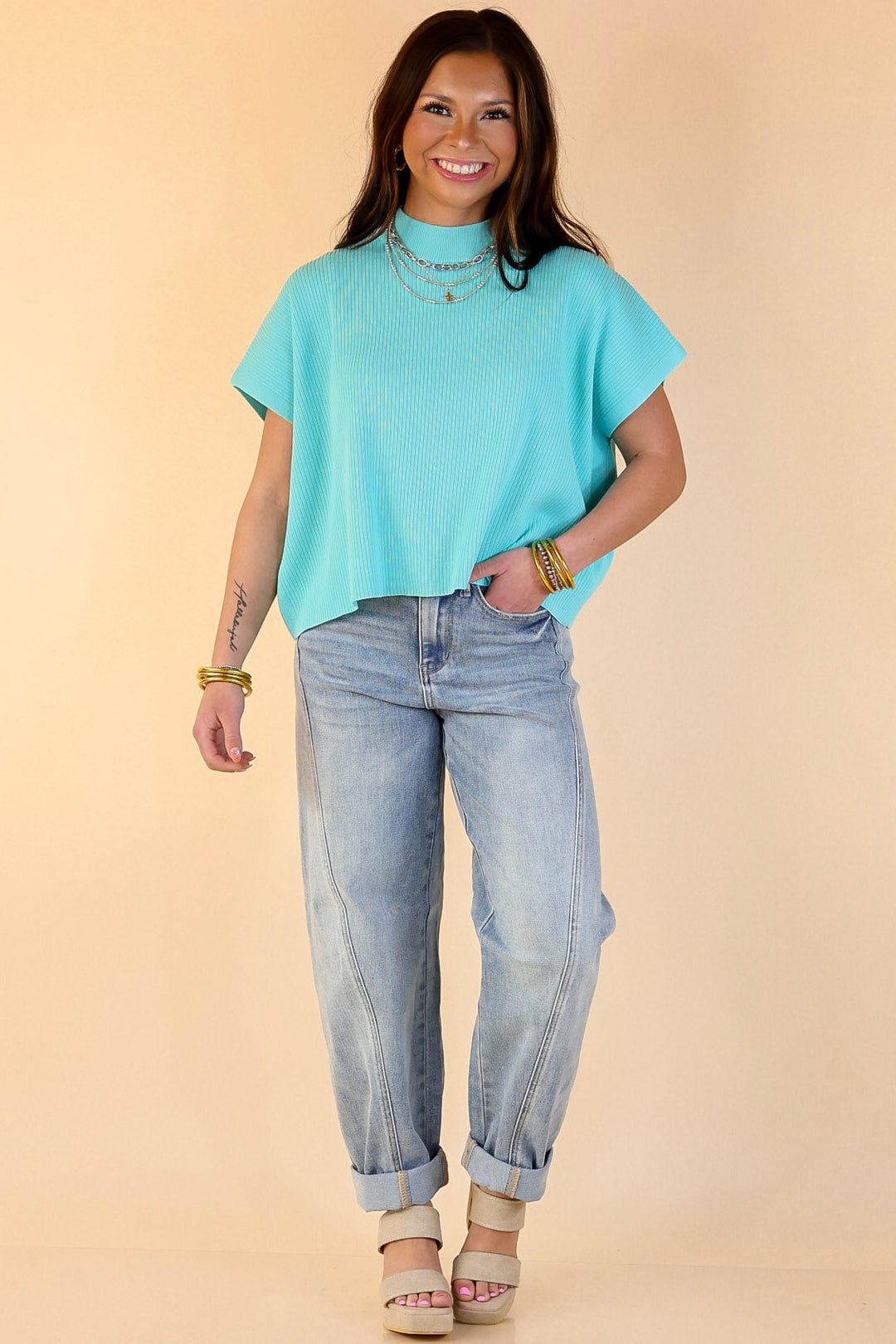 Never Out of Style Short Sleeve Mock Neck Top in Mint Sky Blue
