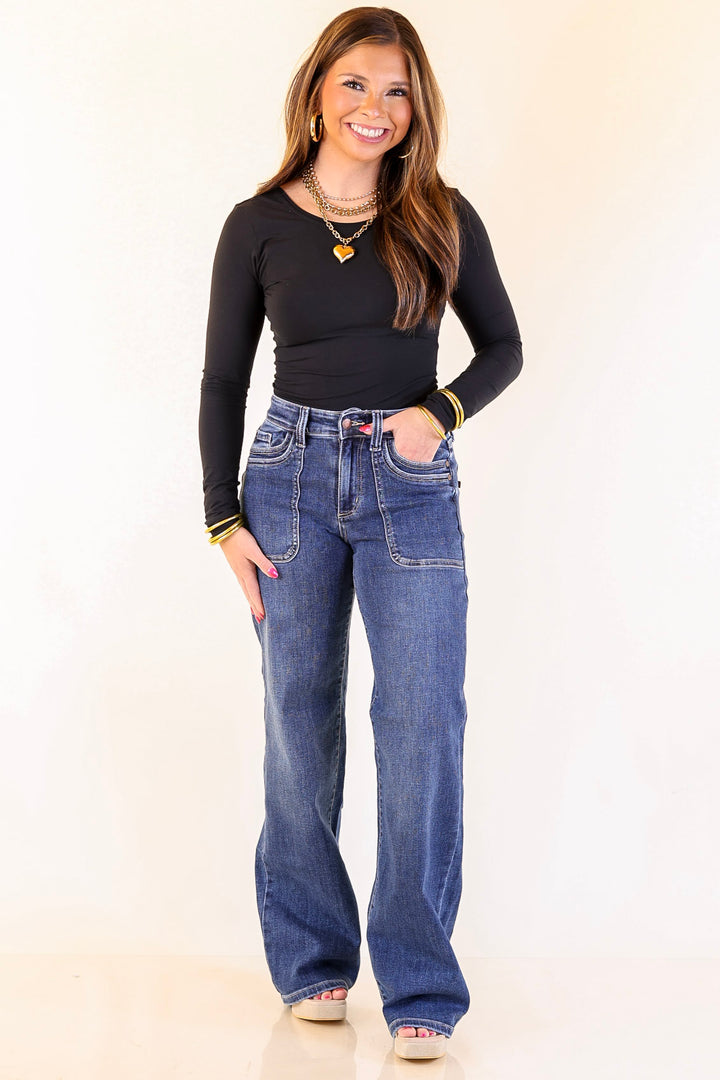 Judy Blue | Polished Path 90's Straight Leg Denim Jeans with Front Patch Pocket in Medium Wash