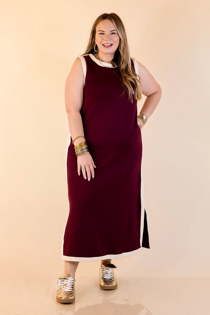 Chic Direction Solid Sleeveless Knit Midi Dress with Ivory Trim in Maroon