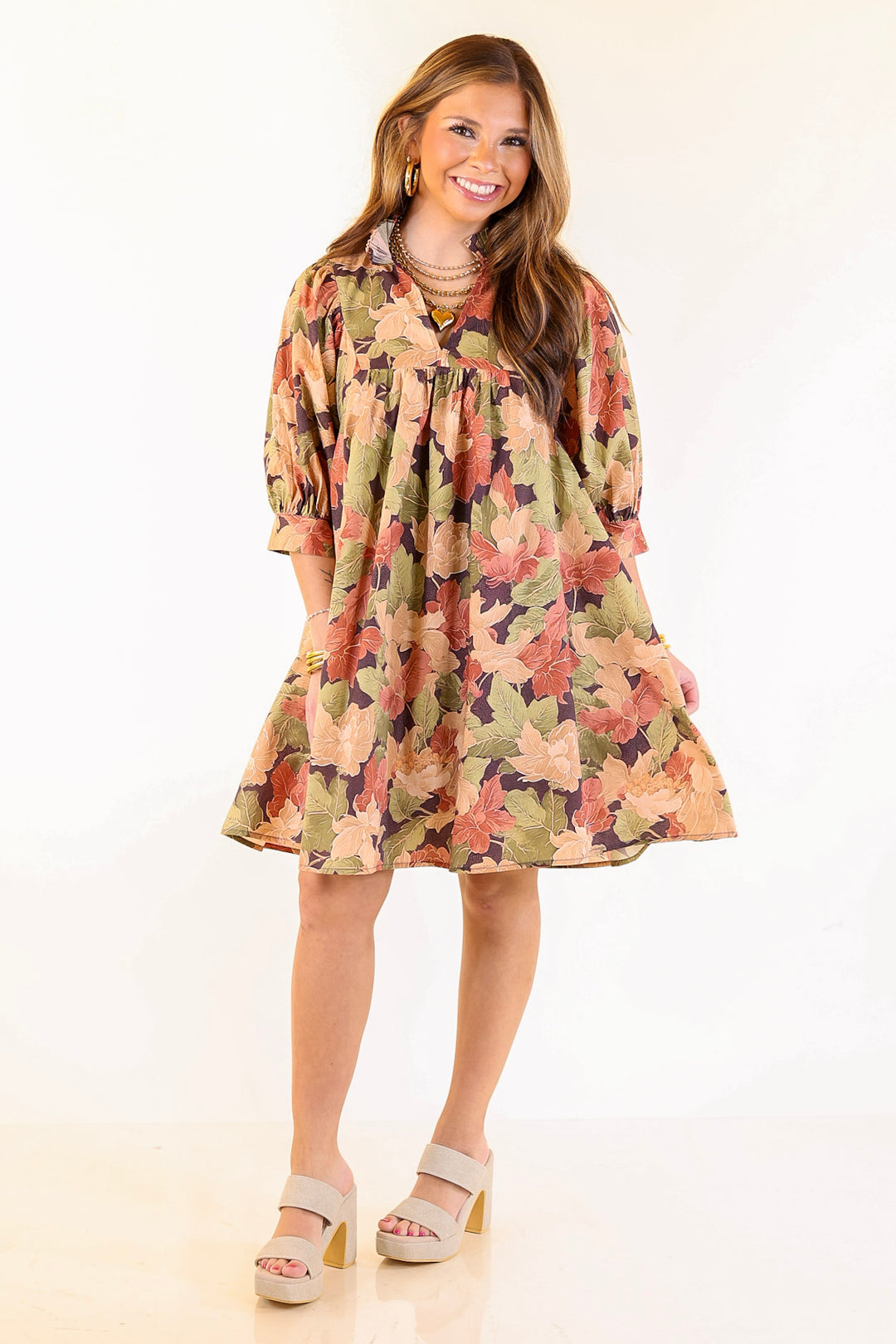 Endless Possibilities Floral Babydoll Dress with Puff Sleeves in Beige, Navy and Rust