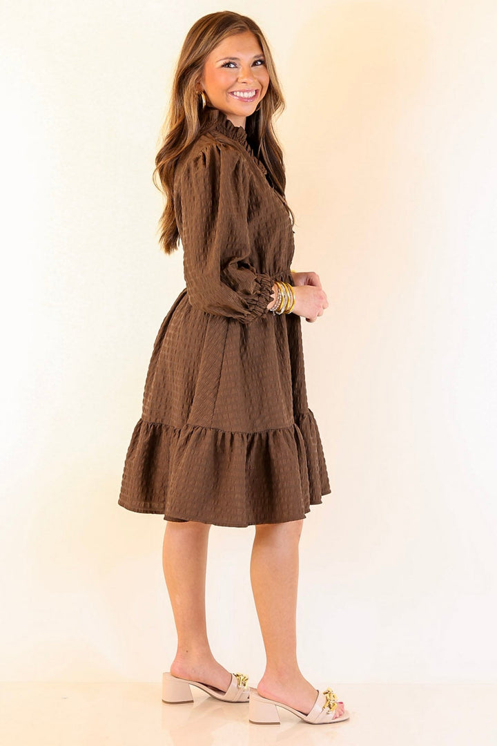 Call Me Captivating Dress with Smocked Waist and Long Sleeves Sleeves in Chocolate Brown