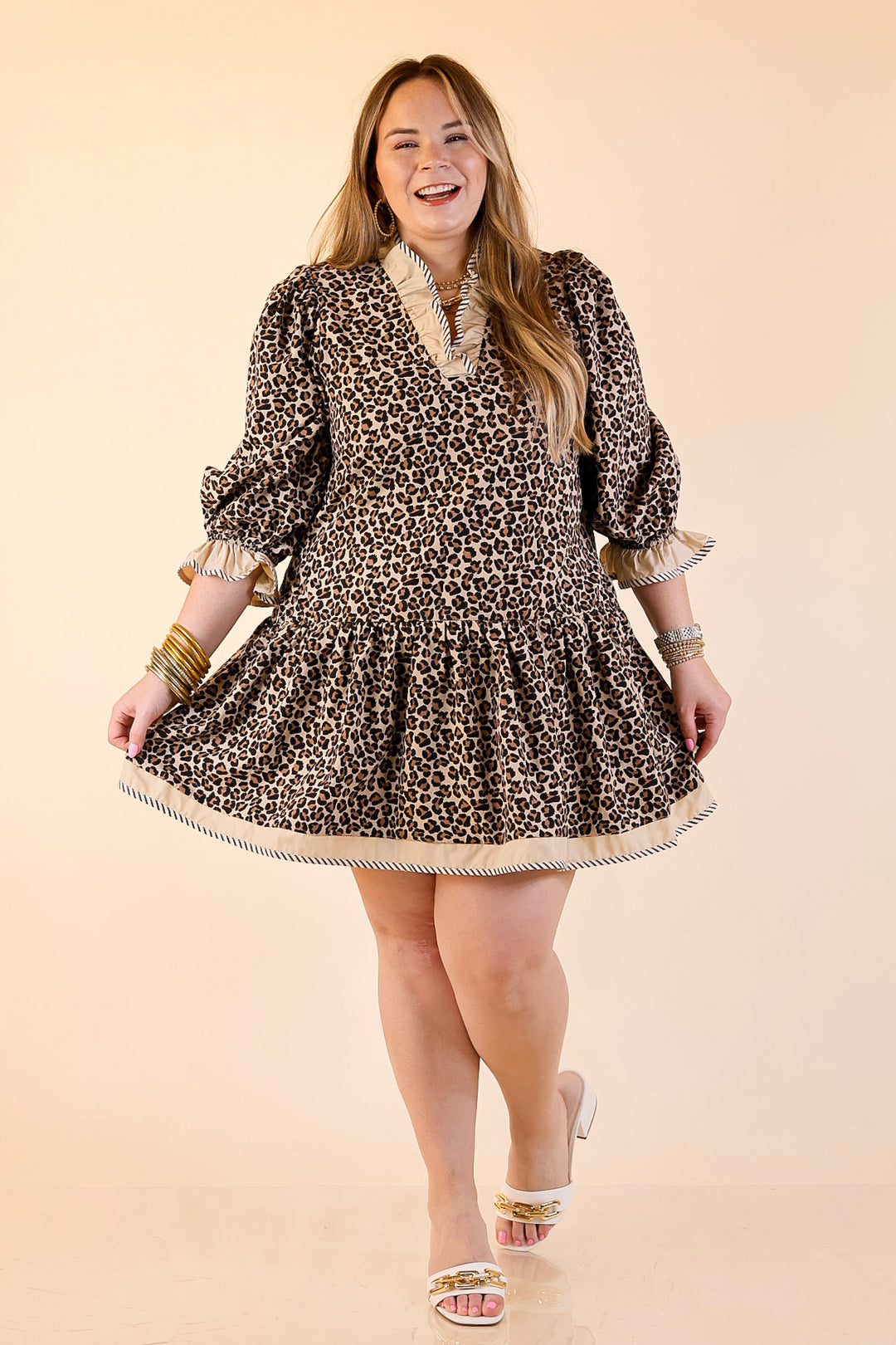 Fierce Intentions 3/4 Sleeve Leopard Print Babydoll Dress with Ruffle Detailing in Taupe