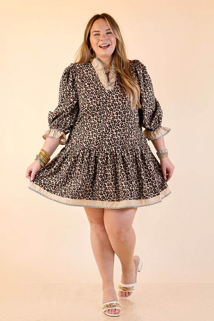 Fierce Intentions 3/4 Sleeve Leopard Print Babydoll Dress with Ruffle Detailing in Taupe