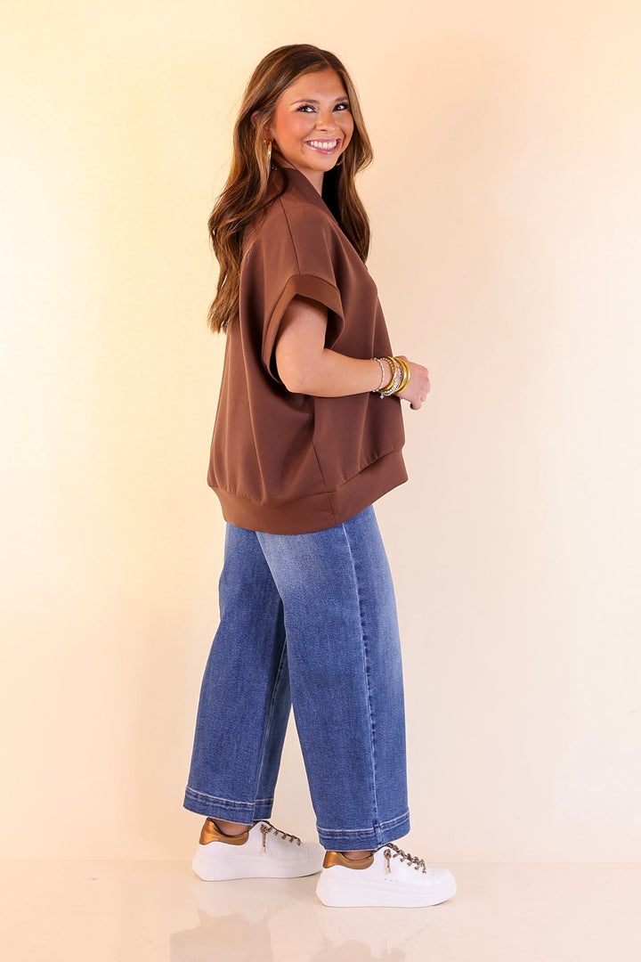 Top Priority Half Zip Collared Scuba Top in Chocolate Brown