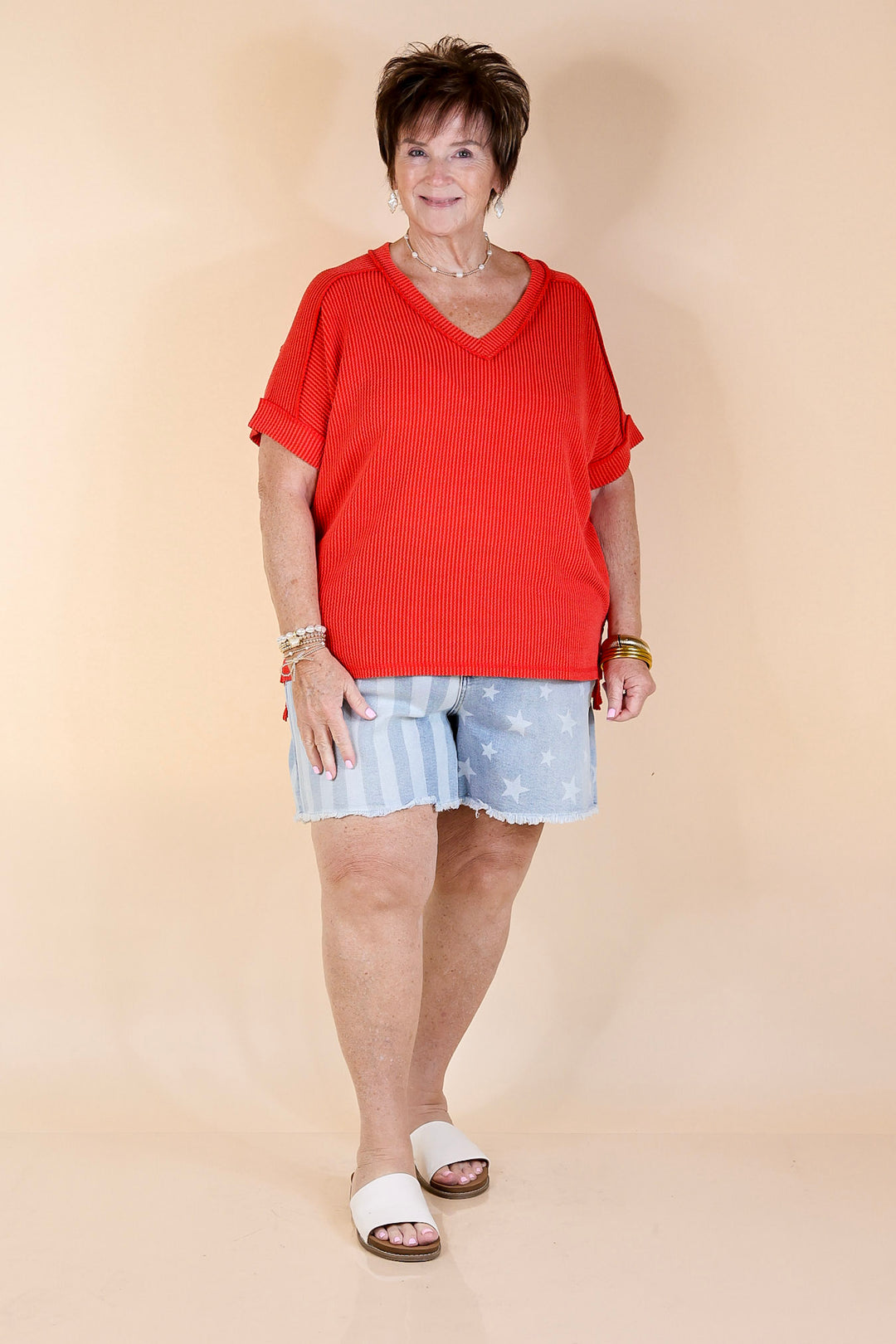 Daily Perfection Short Sleeve V Neck Top in Tomato Red