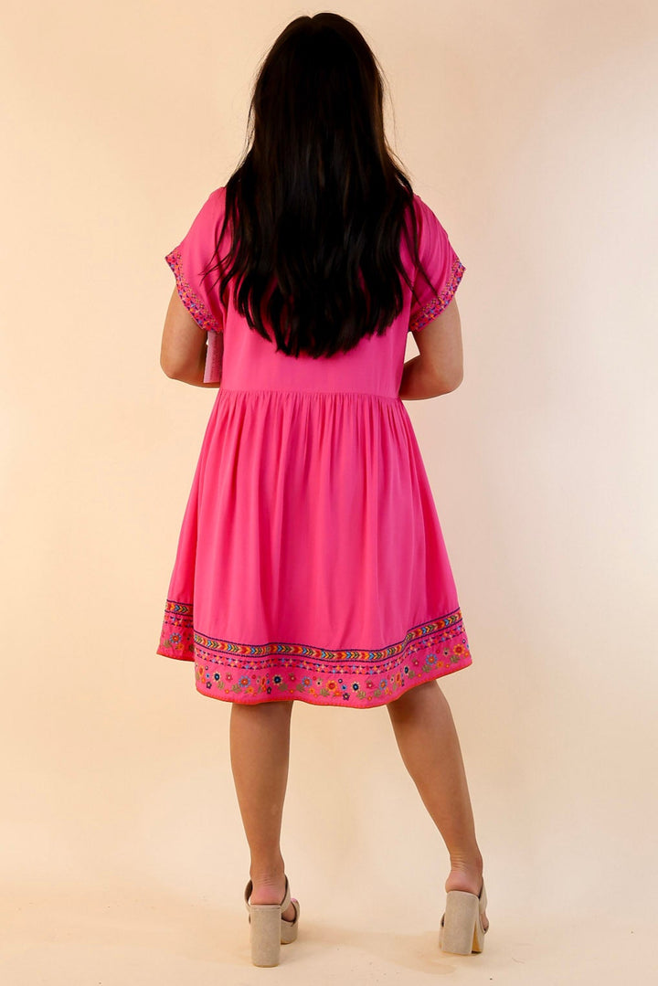 Passing Through V Neck Embroidered Dress with Short Sleeves in Pink