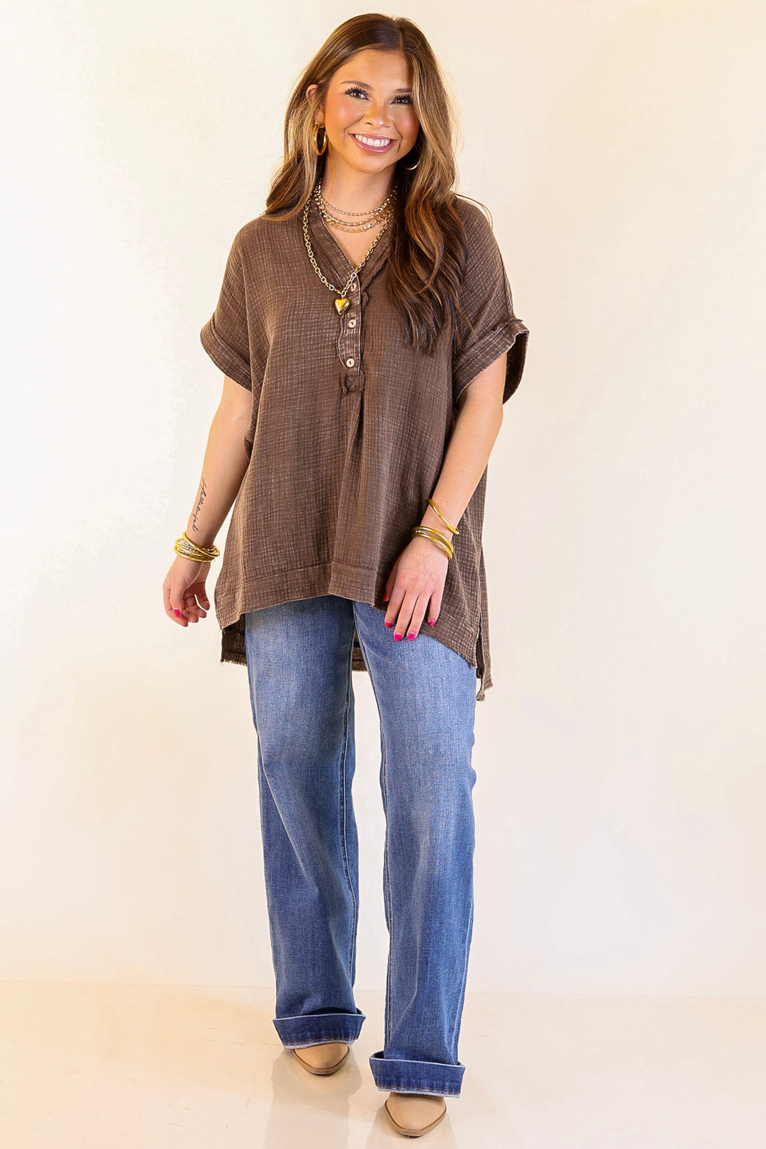 Simple Statement Quarter Button Up Short Drop Sleeve Shirt in Brown